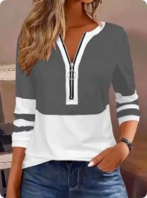 Women's V-collar Contrast Color Striped Loose Zip Long-sleeved T-shirt (Option: Grey-XL)