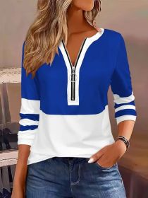 Women's V-collar Contrast Color Striped Loose Zip Long-sleeved T-shirt (Option: Blue-S)