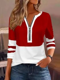 Women's V-collar Contrast Color Striped Loose Zip Long-sleeved T-shirt (Option: Red-S)