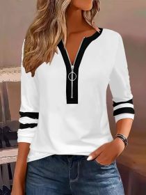 Women's V-collar Contrast Color Striped Loose Zip Long-sleeved T-shirt (Option: White-S)