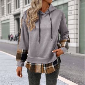 European And American Long Sleeve Plaid Colorblock Hooded Velvet Padded Sweater (Option: Light grey-S)