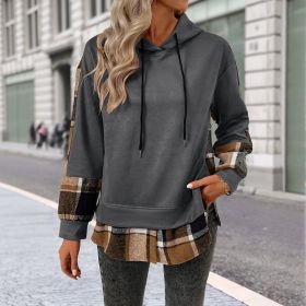 European And American Long Sleeve Plaid Colorblock Hooded Velvet Padded Sweater (Option: Dark Grey-S)