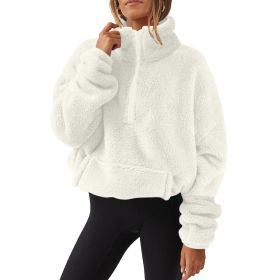 European And American Velvet Fleece-lined Women's Half Zipped Stand Collar Sweater (Option: White-S)