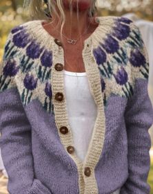 3D Digital Printing Cardigan Knitted Coat (Option: Purple-S)