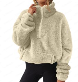 European And American Velvet Fleece-lined Women's Half Zipped Stand Collar Sweater (Option: Apricot-M)