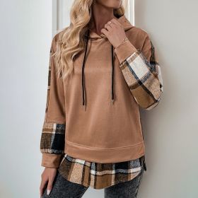 European And American Long Sleeve Plaid Colorblock Hooded Velvet Padded Sweater (Option: Coffee Brown-M)