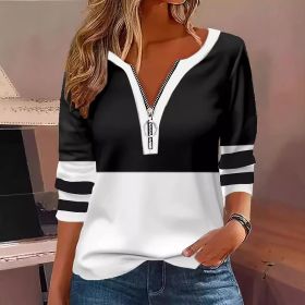 Women's V-collar Contrast Color Striped Loose Zip Long-sleeved T-shirt (Option: Black-M)