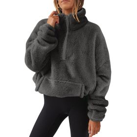 European And American Velvet Fleece-lined Women's Half Zipped Stand Collar Sweater (Option: Dark Gray-M)