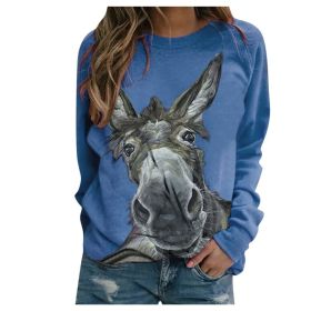 Loose Round Neck Donkey Head Floral Print Long Sleeve Pullover (Option: Blue-L)