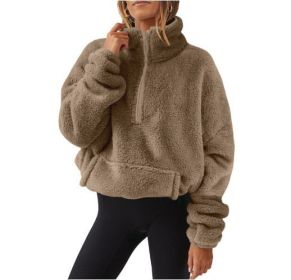 European And American Velvet Fleece-lined Women's Half Zipped Stand Collar Sweater (Option: Caramel Color-L)
