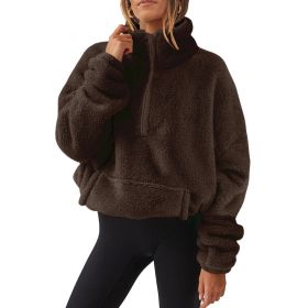 European And American Velvet Fleece-lined Women's Half Zipped Stand Collar Sweater (Option: Brown-L)